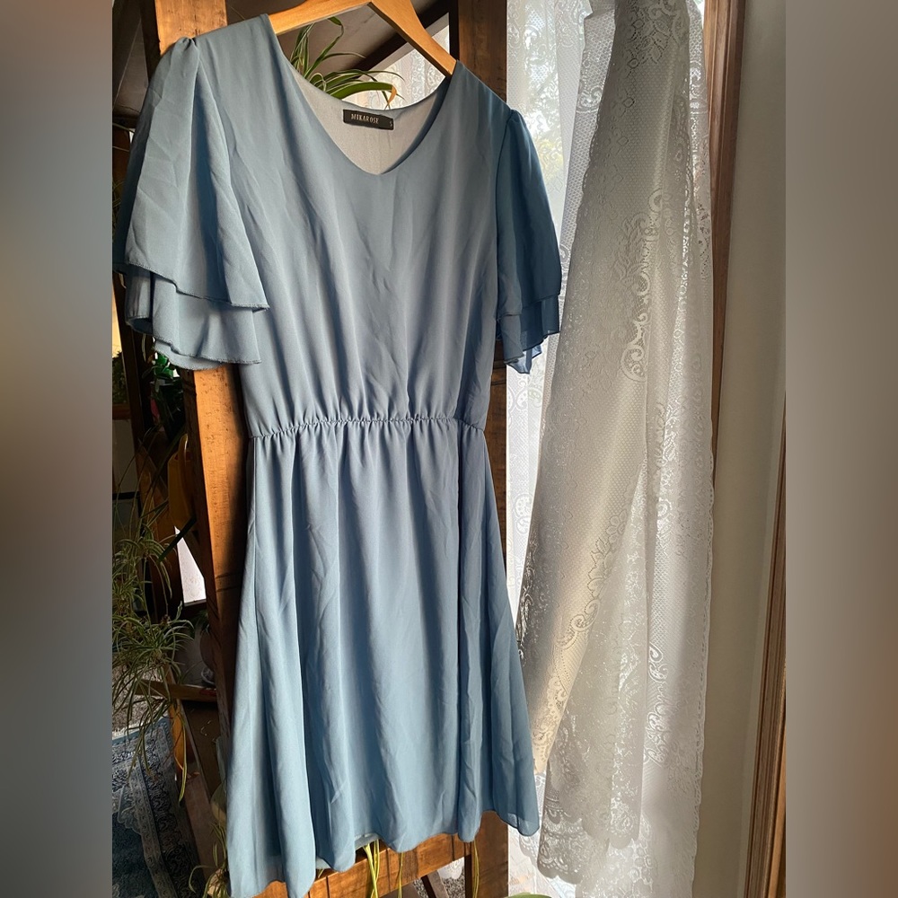 Small Mikarose Blue Dress with Flutter Sleeves and V neck | Small